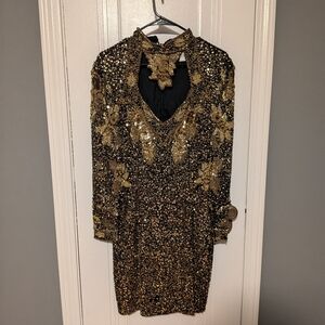 Oleg Cassini Black and Gold Sequin Long Sleeve Dress